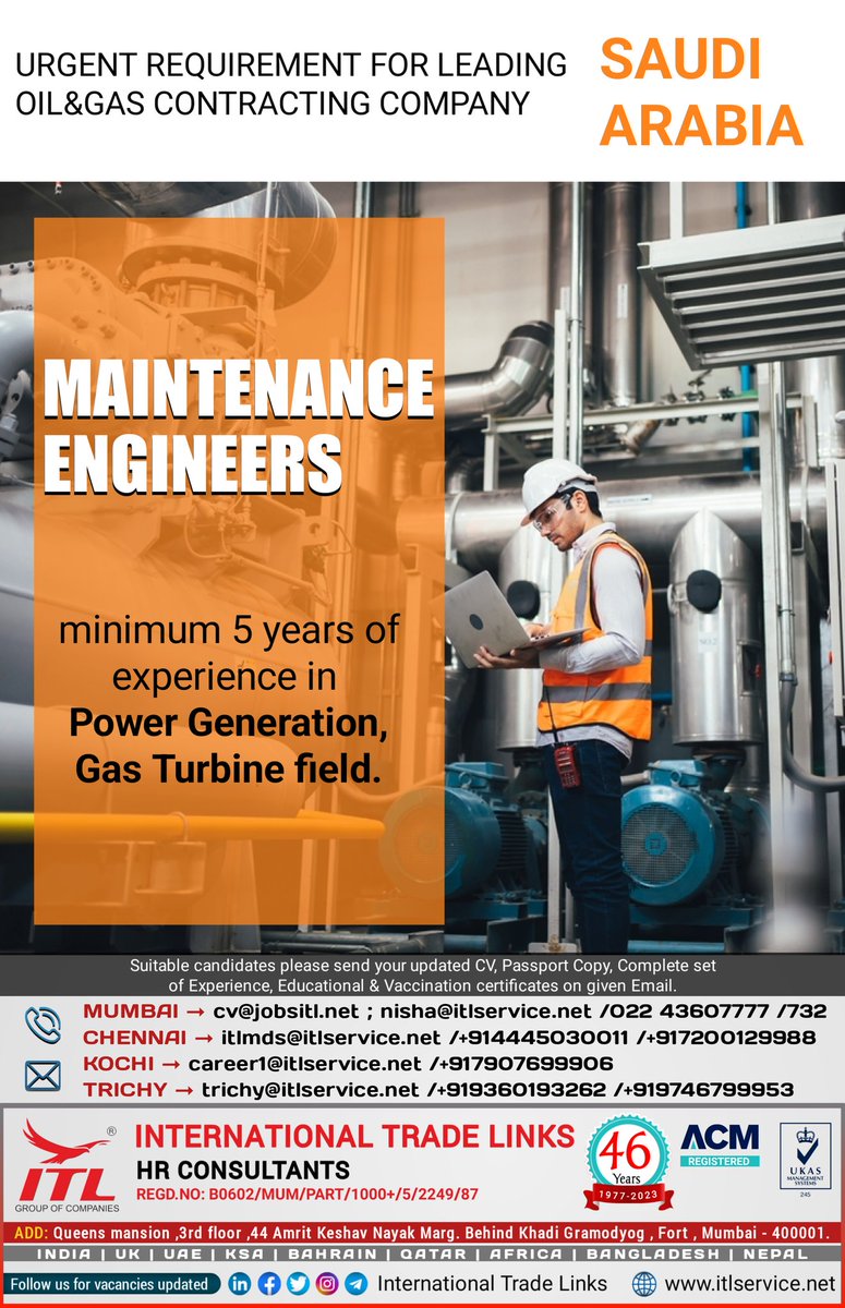 ItlJobs's tweet photo. JOB VACANCY FOR #saudiarabia
Interested candidates, please send your updated CV on given emails
Learn more :
https://t.co/L5a1jS3E2s
#maintenancejobs #maintenanceengineer #powergeneration #gasturbine #saudiarabiajobs #innovation #instrument #humanresources #DigitalMarketing #itl https://t.co/T0riTgoIm2