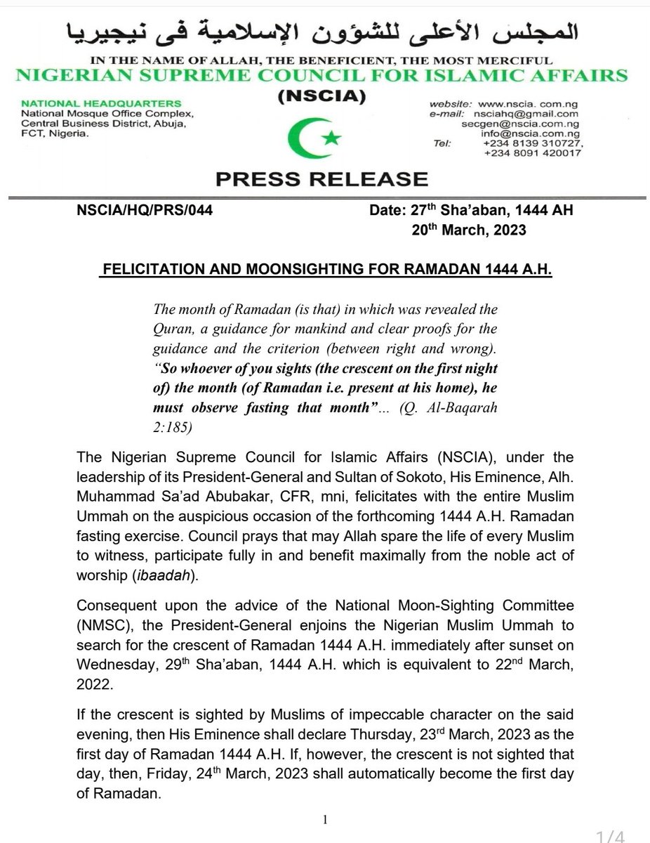 wcrldibertyfi's tweet photo. Ramadan 1444AH

Consequent upon the advice of the @moonsightingng, the President-General enjoins the Nigerian Muslim Ummah to search for the crescent of Ramadan 1444 AH immediately after sunset on Wed, 29th Sha’aban, 1444 AH which is equivalent to 22nd March, 2022... https://t.co/6iso3iSrj9