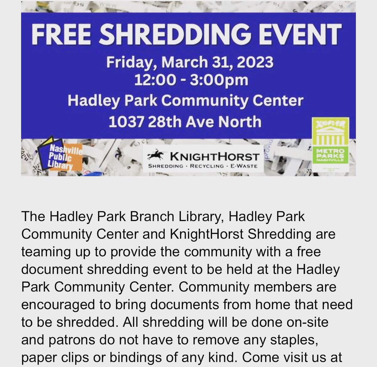 KnightHorst's tweet photo. Mark your calendars! The @nowatnpl at Hadley Park is having a free shredding event coming up. #knighthorst #knighthorstshredding #freeshreddingevent https://t.co/MeDWajF8NC