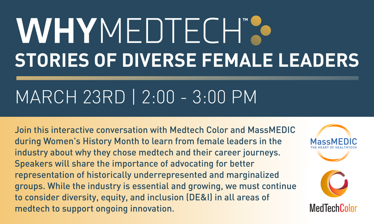 WhyMedtech (@whymedtech) on Twitter photo Register now for our upcoming March 29th webinar, Why Medtech - Stories of Diverse Female Leaders!
You won't want to miss this discussion.
business.massmedic.com/events/Details…
<a href="/medtechcolor/">MedTechColor</a> #massmedic #whymedtech #medtechcolor #medtech #womenshistorymonth #womeninmedtech Register now for our upcoming March 29th webinar, Why Medtech - Stories of Diverse Female Leaders!
You won't want to miss this discussion.
business.massmedic.com/events/Details…
<a href="/medtechcolor/">MedTechColor</a> #massmedic #whymedtech #medtechcolor #medtech #womenshistorymonth #womeninmedtech