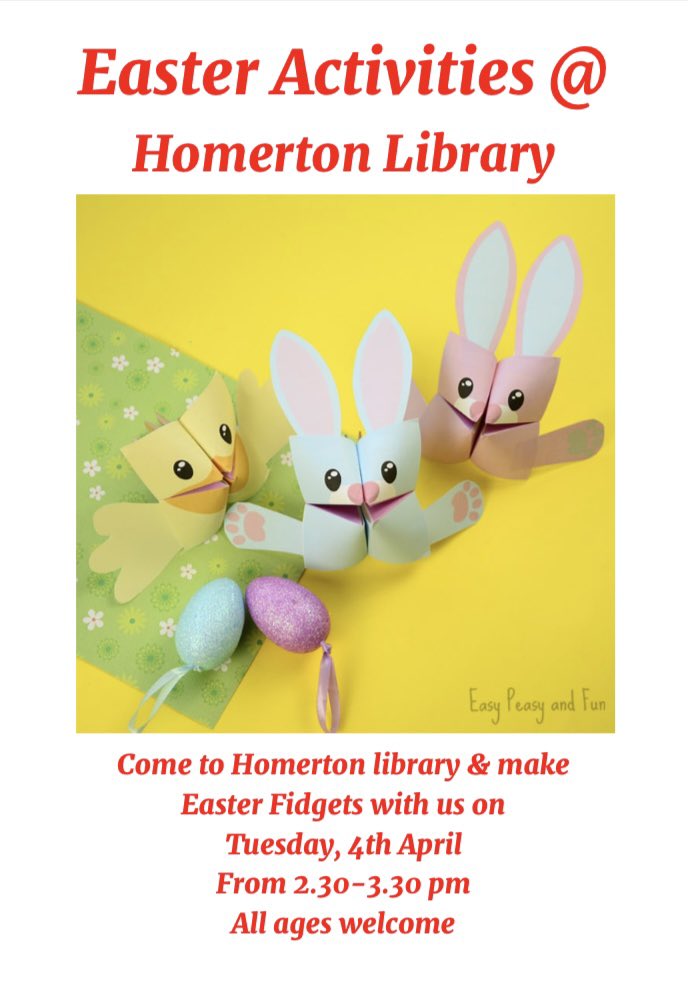 hackneylibs's tweet image. Come to Homerton Library and make Easter fidgets with us on Tuesday 4th April 2.30pm - 3:30pm. All ages welcome. #easterfun #hackneylibraries #easterhalfterm