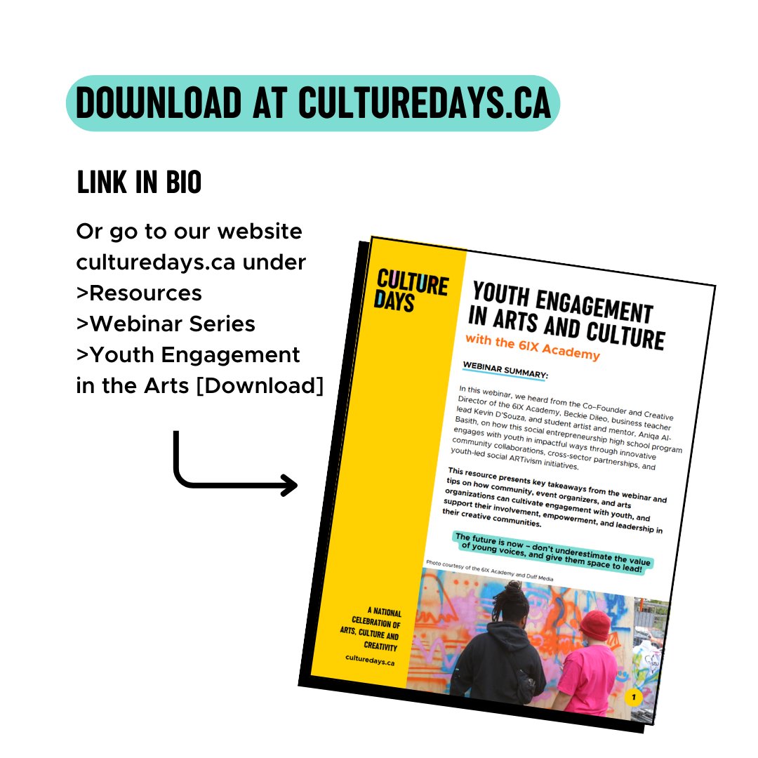 ICYMI: We have a handy written overview and tip sheet from the Engaging Youth in Arts and Culture Webinar available for download on our website! The video recording and presentation slide deck are also accessible from here.  
✨ bit.ly/3yRsAKN