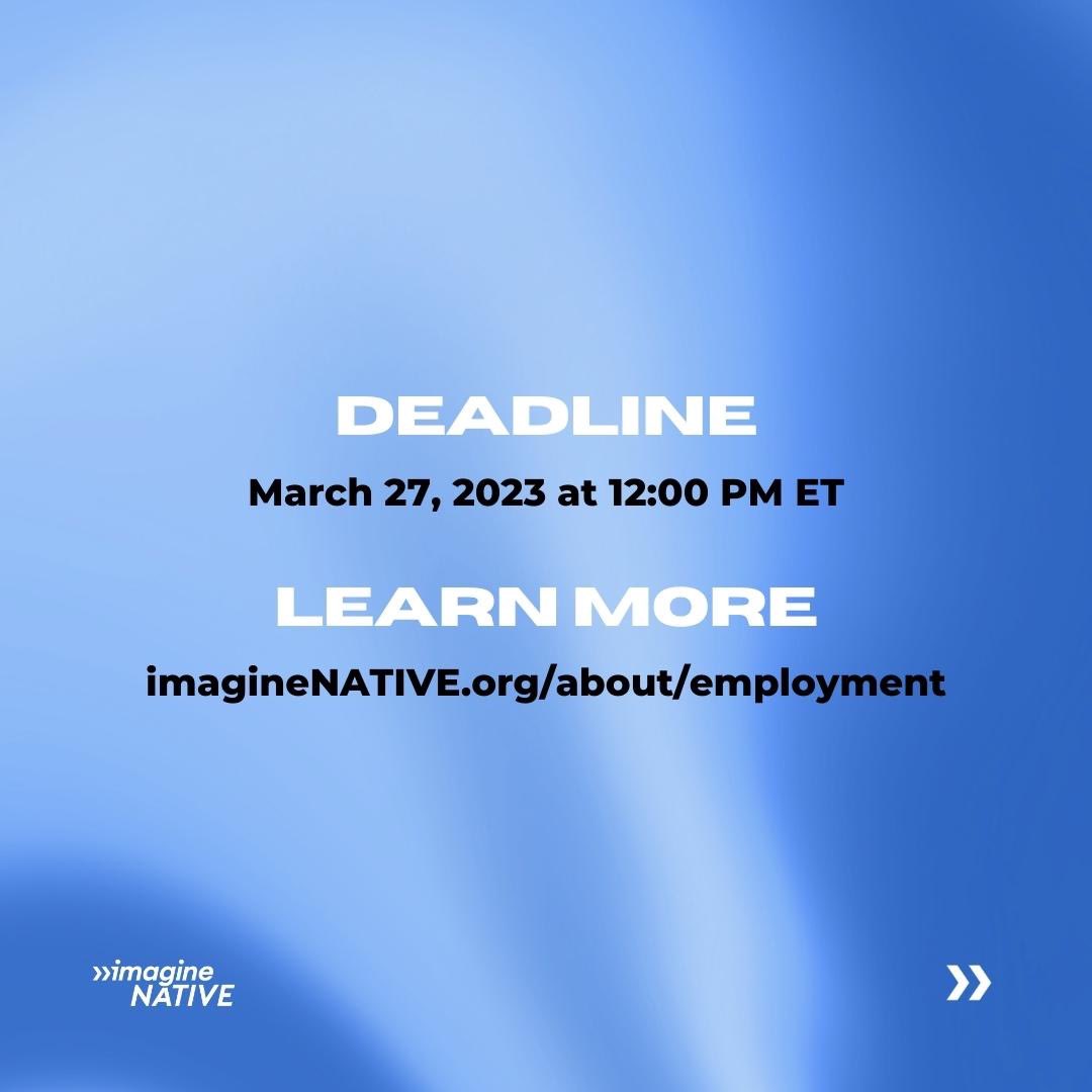 Are you passionate about Indigenous film, arts and media? Do you want to be part of the largest Indigenous film and media festival in the world? This is your chance, imagineNATIVE is seeking a Publications + Archives Coordinator!

Apply now at imaginenative.org/about/employme…