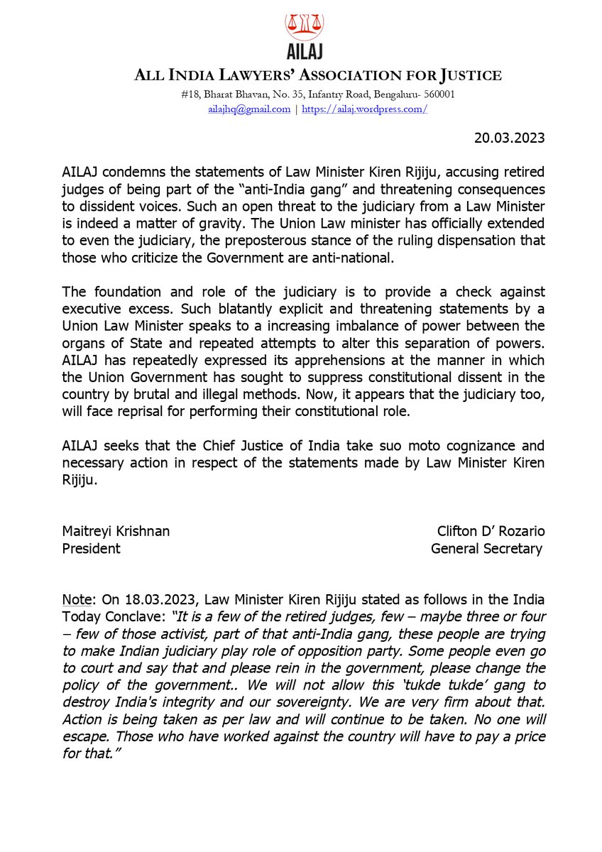 AILAJ condemns the statements of Law Minister <a href="/KirenRijiju/">Kiren Rijiju</a> accusing retd judges of belonging to “anti-India gang” &amp; threatening consequences to dissident voices. These speak to increasing imbalance of power between the organs of State &amp; attempts to alter this separation of powers