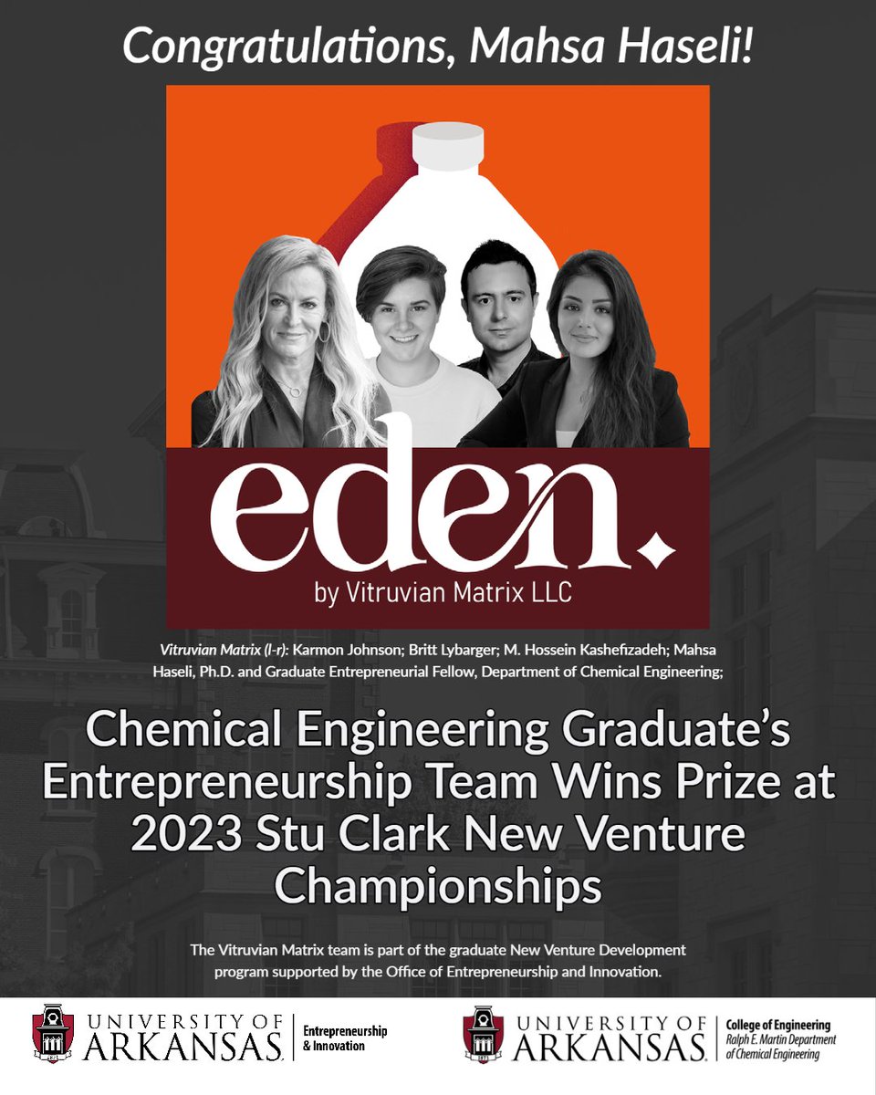 CHEG_UARK's tweet photo. Congratulations to chemical engineering graduate @haseli_mahsa, Ph.D., and the Vitruvian Matrix team on taking home the fourth-place prize at the 2023 Stu Clark New Venture Championships in Winnipeg, Canada! 
#uarkcheg #uarkengineering #StartSomethingAR https://t.co/hiCw2SD1rA