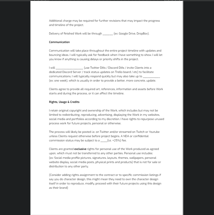 keyokku's tweet image. ✨artists and clients: terms of service agreement template✨

just want to remind everyone i have provided an extensive legal style terms of service agreement template / example for artists to use if they want

it includes a lot of terms to cover and protect both artists and…