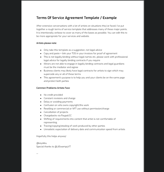 keyokku's tweet image. ✨artists and clients: terms of service agreement template✨

just want to remind everyone i have provided an extensive legal style terms of service agreement template / example for artists to use if they want

it includes a lot of terms to cover and protect both artists and…