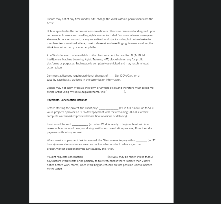 keyokku's tweet image. ✨artists and clients: terms of service agreement template✨

just want to remind everyone i have provided an extensive legal style terms of service agreement template / example for artists to use if they want

it includes a lot of terms to cover and protect both artists and…