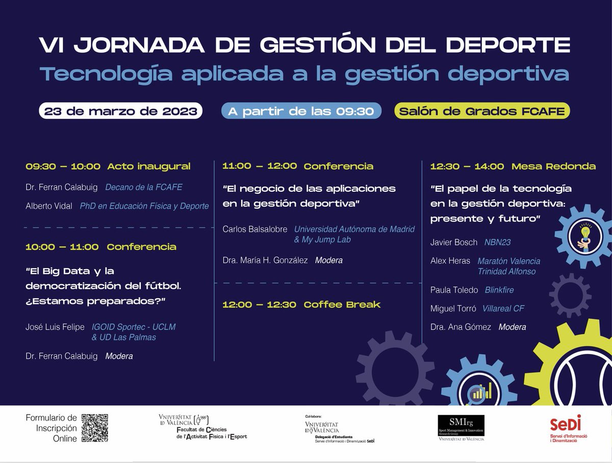 SMIrg_Valencia's tweet photo. Inscripciones abiertas para la "VI Jornadas de Gestión del Deporte: la Tecnología aplicada a la Gestión Deportiva" de la Universitat de València, organizadas por el Colectivo de Estudiantes de Gestión Deportiva en colaboración con @SMIrg_Valencia 

#foradeclasse @SediUV https://t.co/oT1xPsT6fM