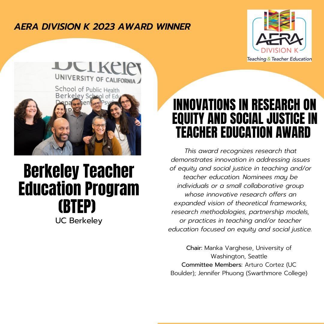 Berkeley Teacher Education Program (BTEP) wins award for Innovations in Research on Equity and Social Justice!