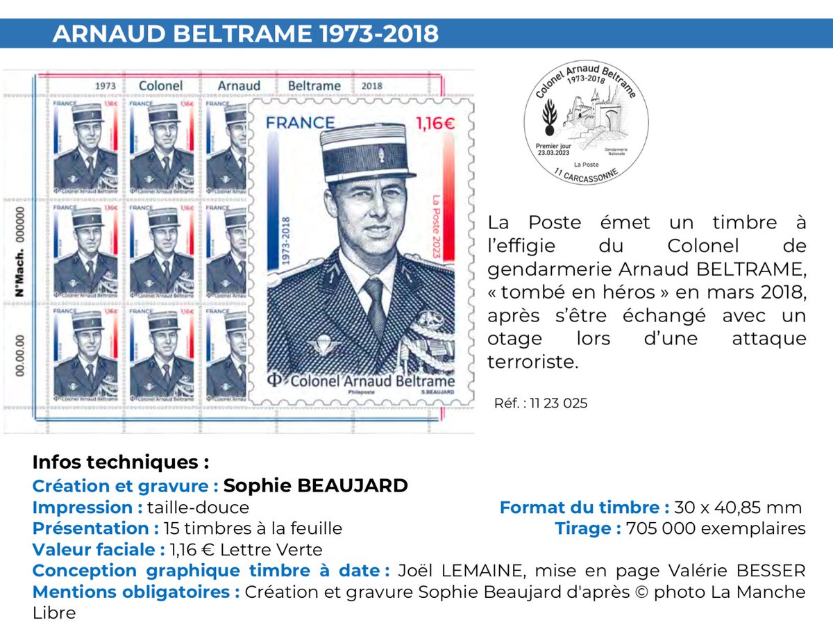 Gendarmerie's tweet photo. #Hommage 🇫🇷 Ce 23 mars 2023, le @GroupeLaPoste émet un timbre-poste en hommage au colonel de gendarmerie Arnaud Beltrame (1973-2018) lors du Salon philatélique de Printemps à la porte de Champerret. 
Les informations ci-dessous sur ce timbre⬇️
#Paris17 #Philatélie #EnLeurSouvenir https://t.co/UCOWTeXZ3J