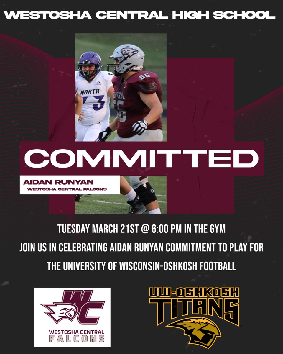 Tuesday March 21st @ 6:00 PM in the gym join us in celebrating Aidan Runyan commitment to play for the University of Wisconsin-Oshkosh Football #Legacy <a href="/WestoshaA/">Westosha Athletics</a> <a href="/aidan_runyan/">Aidan Runyan</a>