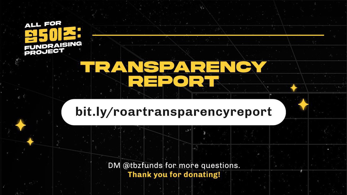 ALL FOR 덥5이즈: FUNDRAISING PROJECT ❤📢
TRANSPARENCY REPORT

Thanks to everyone's donations, we achieved good results this era!

You may find the report here: bit.ly/roartransparen…

If you have questions, please DM @/tbzfunds. Thank you!

#THEBOYZ #더보이즈