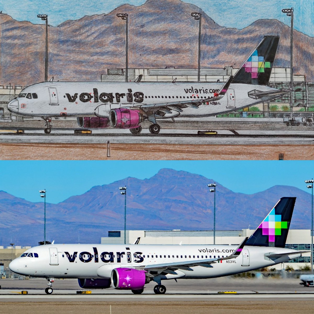 AircraftBy's tweet image. My drawing vs real photo ✈️📸
Airbus A320-271n of @flyvolaris @viajaVolaris 🇲🇽💜💙💚🖤 
#Volaris #flyVolaris #Airbus #AirbusA320neo #A320neo #traveling #Travel #aviationdaily #aviationlovers #drawing #art #Planespotting #Aircraft #flying