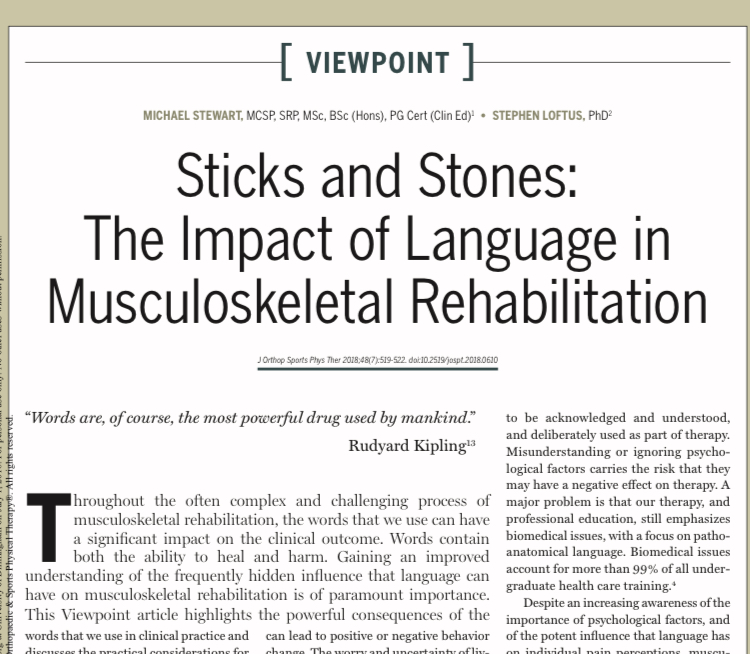 Time to share some 'OPEN ACCESS' gold. 

This beauty is 4 years old but is a great introduction to the research around the impact of msk clinicians' words/messages on clinical outcomes. 

Spoiler: they have immense power, both to heal and to HARM! 

jospt.org/doi/epdf/10.25…