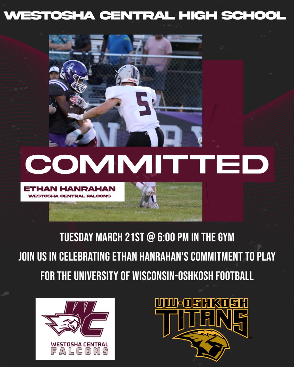 Tuesday March 21st @ 6:00 PM in the gym join us in celebrating Ethan Hanrahan's commitment to play for the University of Wisconsin-Oshkosh Football #Legacy <a href="/WestoshaA/">Westosha Athletics</a> <a href="/HanrahanEthan/">Ethan Hanrahan</a>