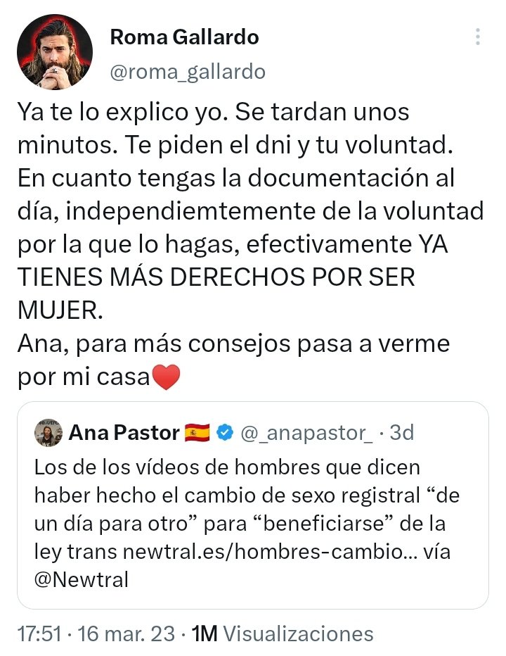 Roma Gallardo está intentando colarnos que ha conseguido ya el cambio de sexo en unos minutos y que no necesitó más papeleo que el DNI y su mera voluntad. Dime que no has hecho este proceso burocrático en tu vida sin decirme que no has hecho este proceso burocrático en tu vida.
