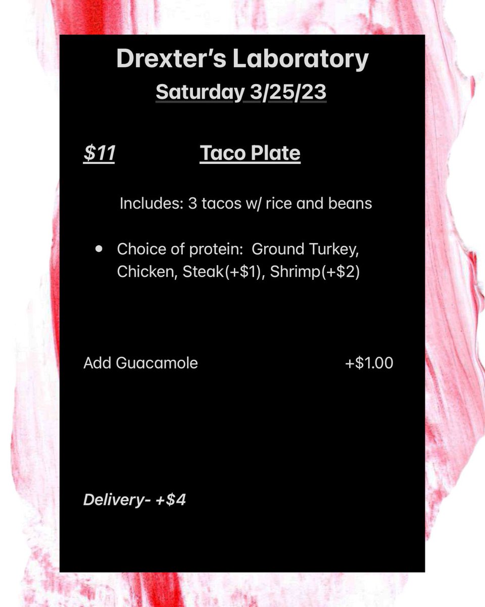 ChefBoyarDrex's tweet photo. Tacos

Will be serving on Saturday, 3/25. Accepting orders until Friday, 3/24 8:30pm

Denton pickup/delivery(+$4) only https://t.co/0mYcldAY2s