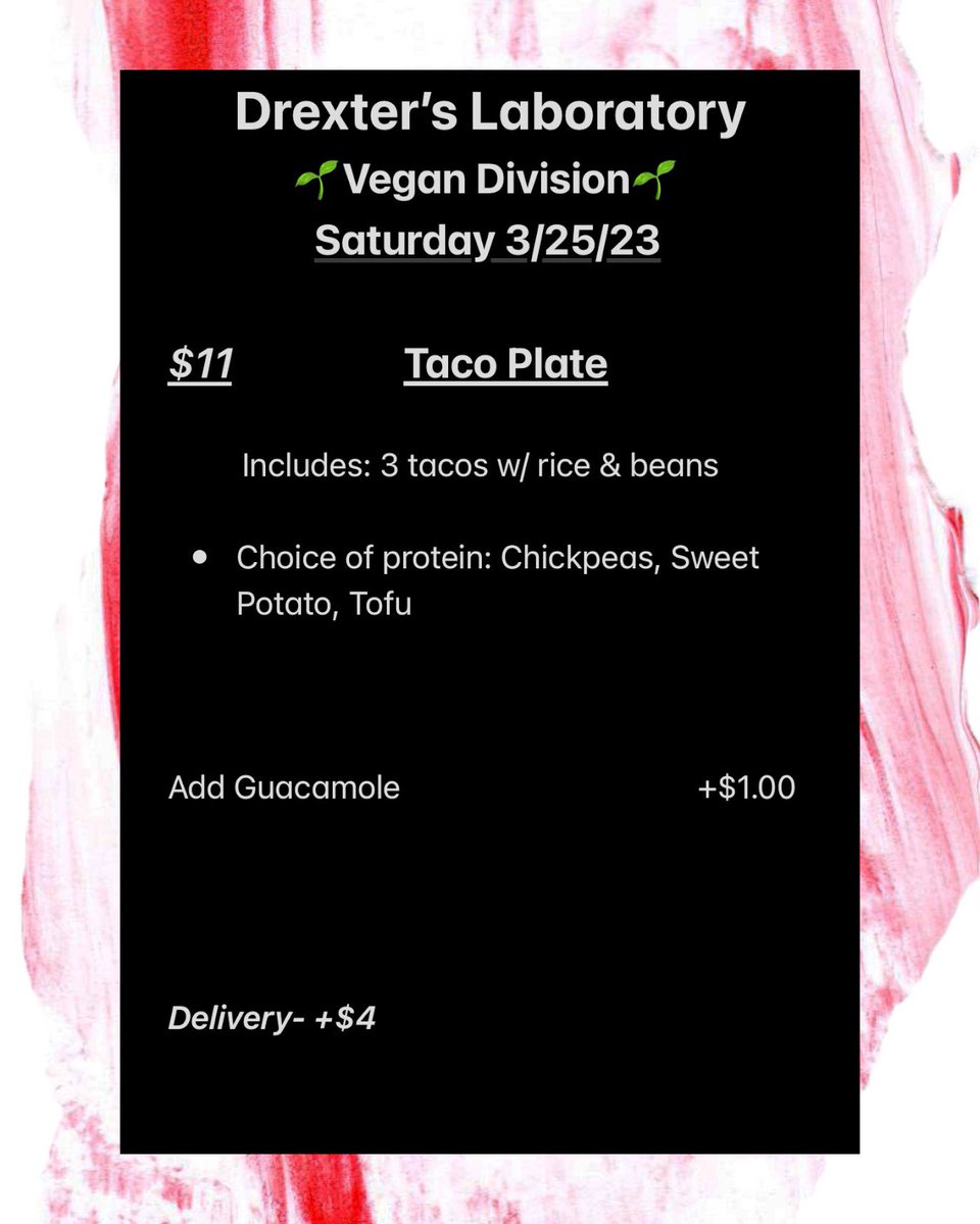 ChefBoyarDrex's tweet photo. Tacos

Will be serving on Saturday, 3/25. Accepting orders until Friday, 3/24 8:30pm

Denton pickup/delivery(+$4) only https://t.co/0mYcldAY2s