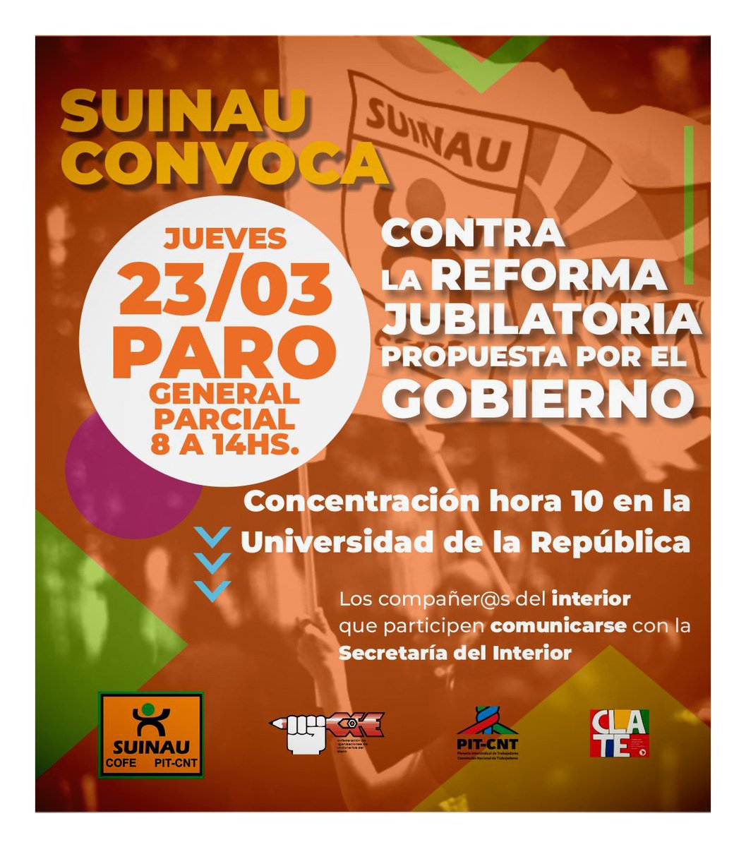 Este 23/3 trabajadores del INAU y del INISA paramos de 8 hasta  14hs en contra de la Reforma Jubilatoria propuesta del gobierno que obliga a trabajar más años para cobrar menos jubilaciones. Concentración 10 hs  en la Universidad para marchar todos juntos hacia el parlamento.