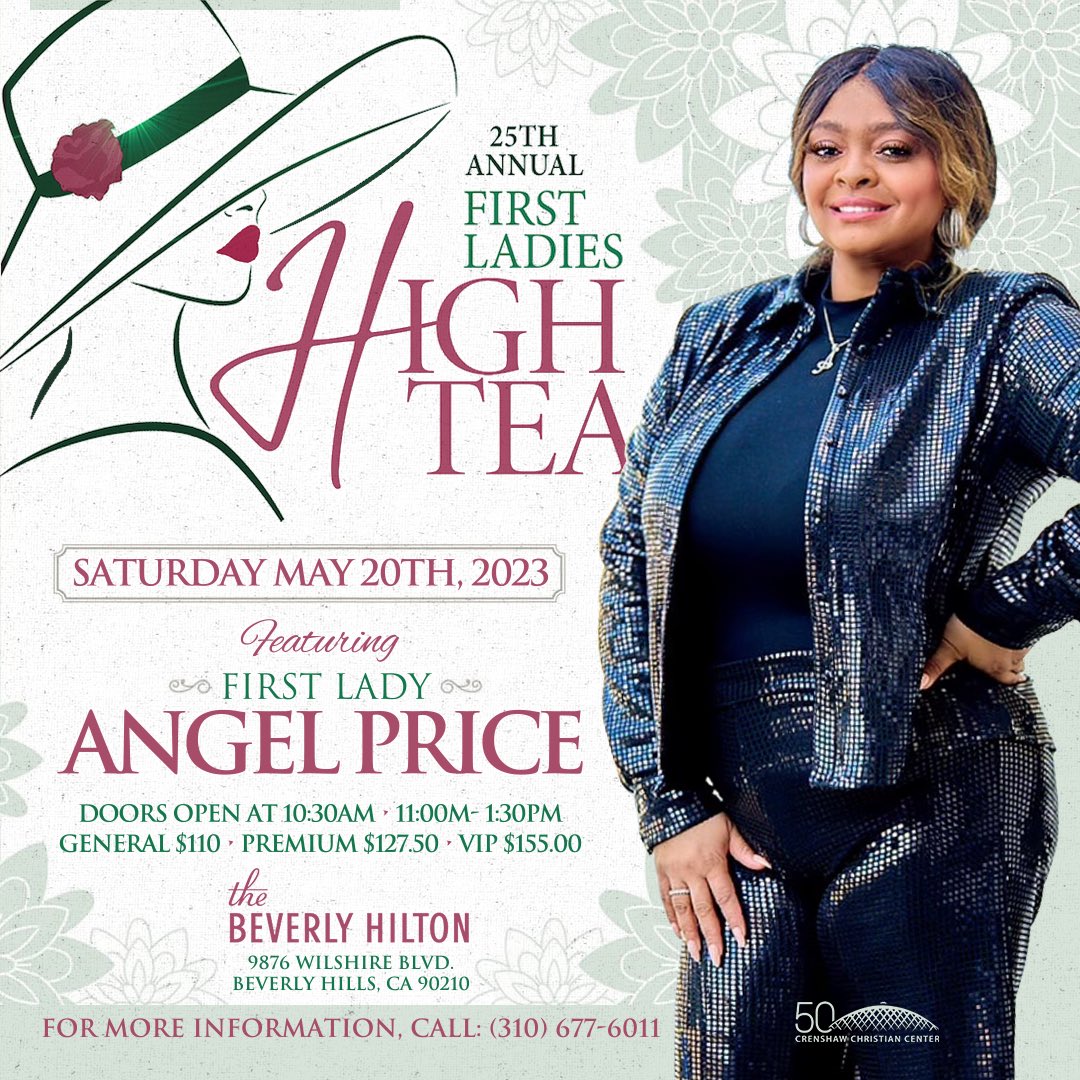 eifministries's tweet photo. Please join us in congratulating, Lady Angel Price as an honoree at The 25th Annual First Ladies’ High Tea! If you’d like to attend this event, you may go to https://t.co/1AKtd8Egif or call (310) 677-6011 to purchase tickets or tables. #LadyAngelPrice #FirstLadiesHighTea #CCC50 https://t.co/sWjyIDq0Zn