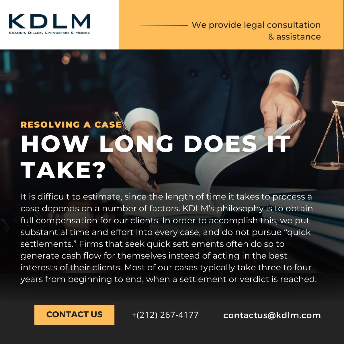 kdlmNY's tweet photo. Does every case take the same time? Read more to find out how and why a case can take some time to reach a verdict.
If you have any questions, feel free to contact us at +(212)-267-4177 or email contactus@kdlm.com for a free consultation.
#KDLM #NewYorkAttorney #lawsuit #law https://t.co/qjBpLhQ3uX