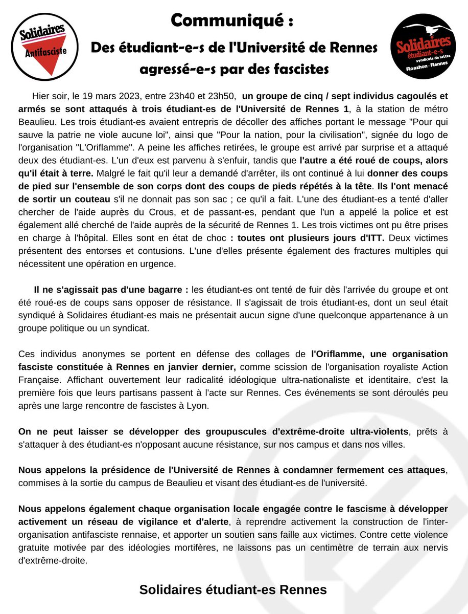 SESLRENNES's tweet photo. 🚨Alerte ! Des étudiant-e-s ont été attaqués hier soir par l’oriflamme à Rennes ! Relayez le message ! https://t.co/cMONx5Ta9m