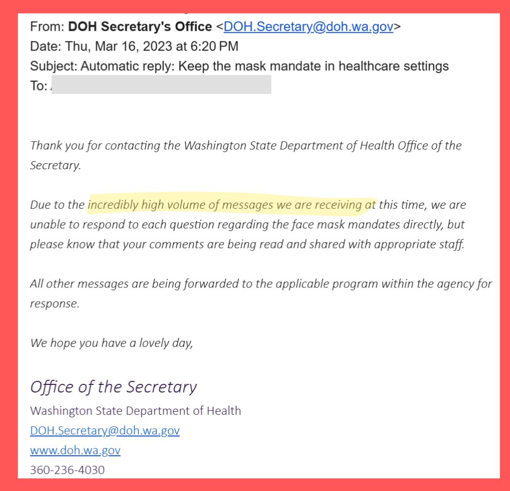 seastillcares's tweet photo. If @WADeptHealth is getting an “incredibly high volume of messages” then perhaps (just spitballing here!) they should reevaluate their planned end to masking in healthcare, long term care, &amp; prisons. Just sayin’. #KeepMasksInWA https://t.co/G85XVKK3MR