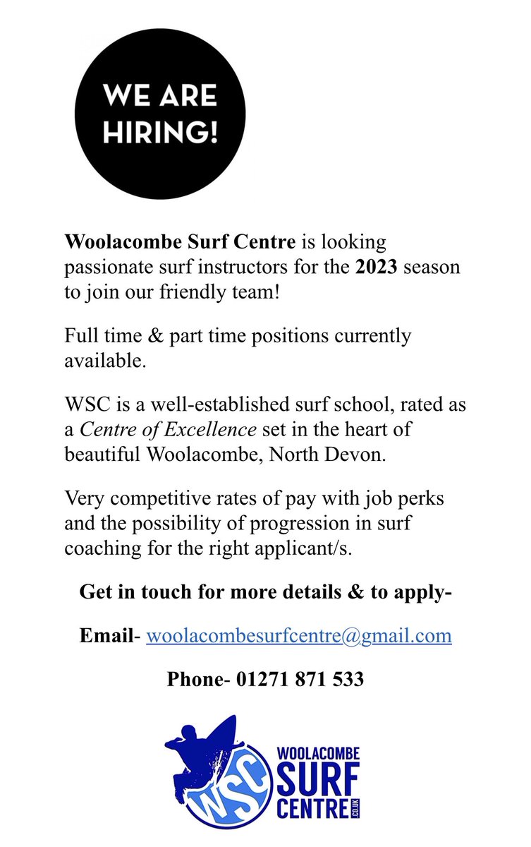 WoolacombeSurf's tweet photo. WSC IS HIRING!  
We are looking for awesome surf instructors to join our awesome team for 2023! Sounds awesome huh! #hiring #surfinstructors #wanted #jobvacancy #summeronthebeach #surfmore #livewhatyoulove #lovewhatyoudo #job #advert #wayoflife #surfcoach #progression #woolacombe https://t.co/TtFPpG9PfW
