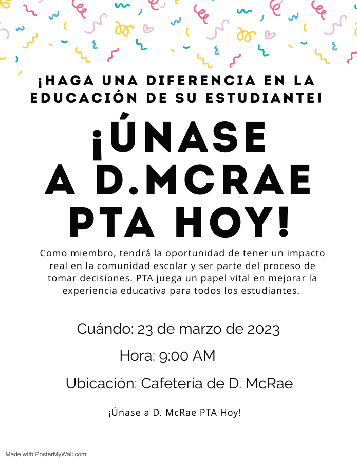 Please join us Thursday March 23rd at 9:00 AM for our first. PTA meeting! 
We are looking forward to creating more opportunities for parent and family involvement on campus, and we would love for you to be a part of our D. McRae community.