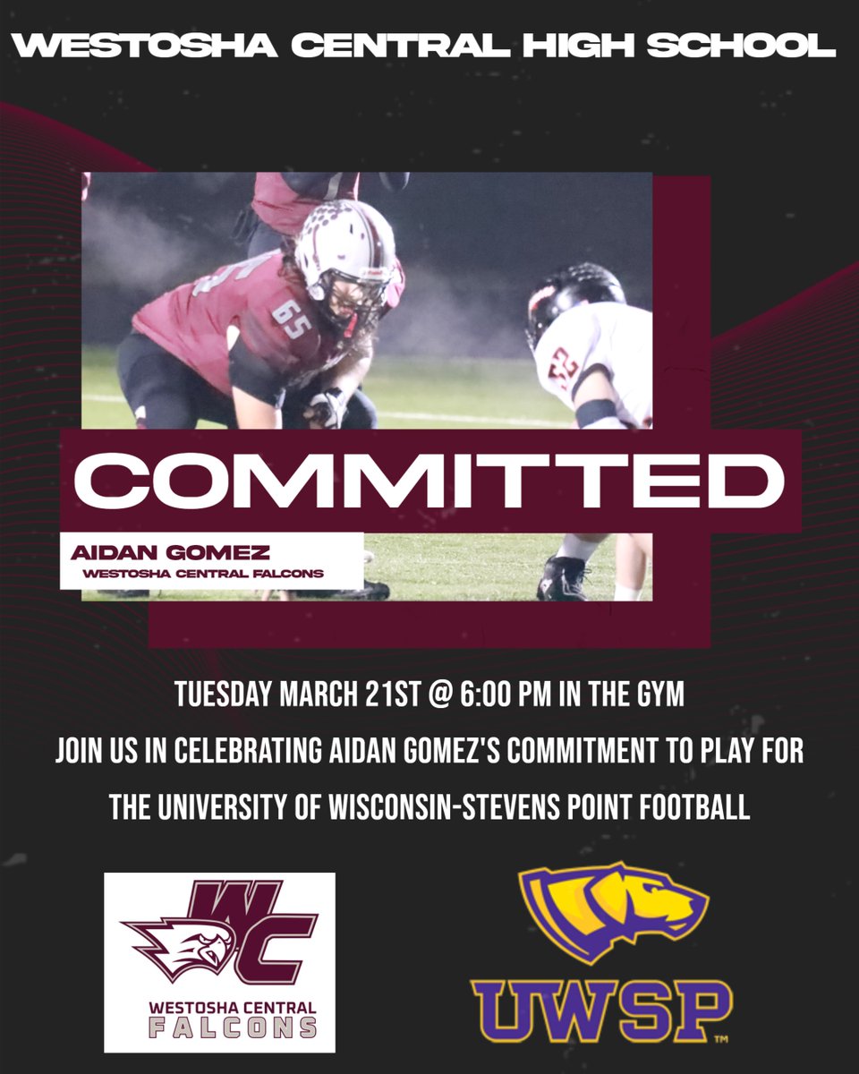 Tuesday March 21st @ 6:00 PM in the gym join us in celebrating Aidan Gomez's commitment to play for the University of Wisconsin-Stevens Point Football #Legacy <a href="/WestoshaA/">Westosha Athletics</a> <a href="/aiGomez2023/">Aidan Gomez</a>