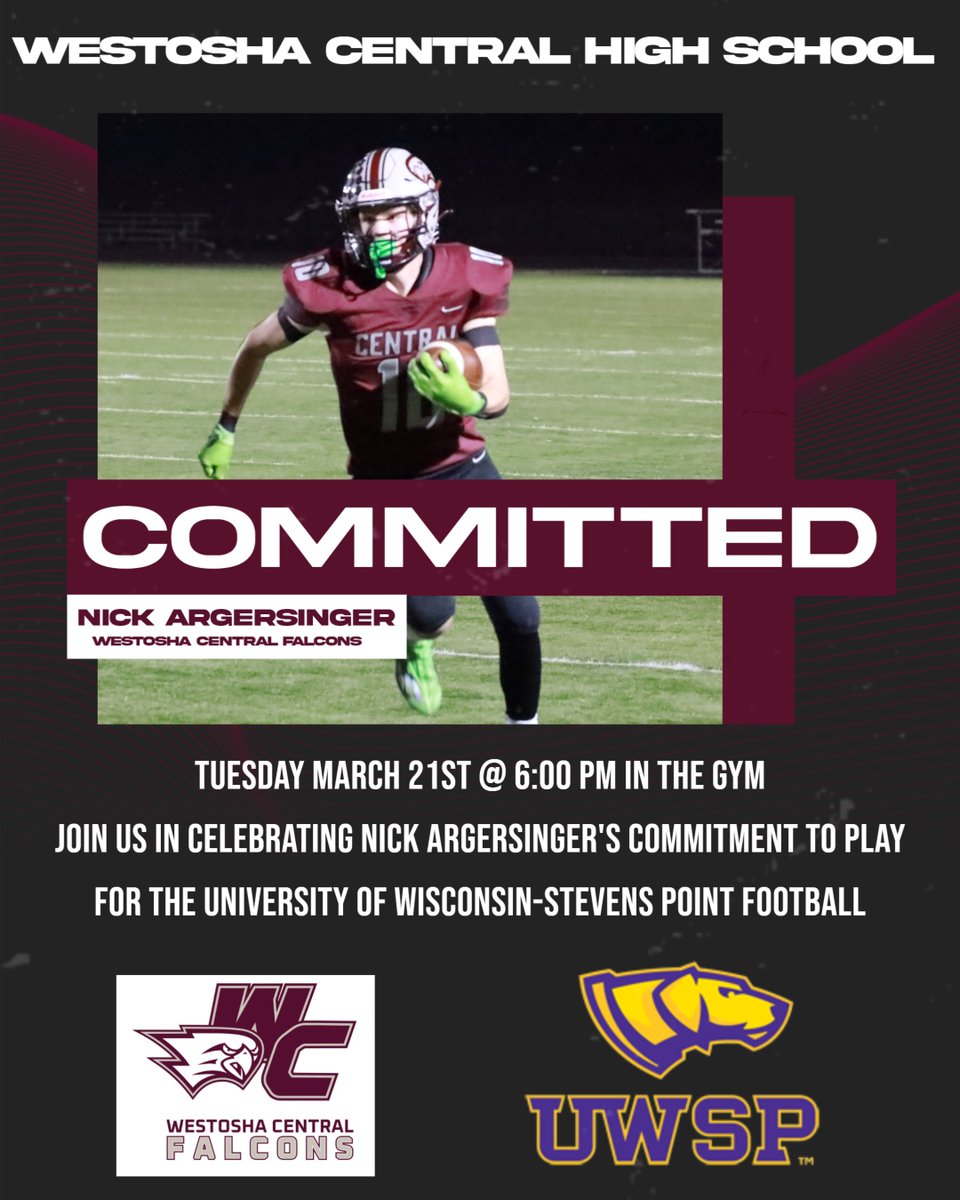 Tuesday March 21st @ 6:00 PM in the gym join us in celebrating Nick Argersinger's commitment to play for the University of Wisconsin-Stevens Point Football #Legacy <a href="/WestoshaA/">Westosha Athletics</a> <a href="/argersingernick/">Nick Argersinger</a>
