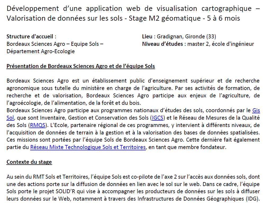 #stage #géomatique M2 à partir de mai 2023 sur le dvpmt d’une application web de visualisation carto et de valorisation de données #sols, avec équipe sols <a href="/BdxSciencesAgro/">BordeauxSciencesAgro</a> #stage #master2 #sols #mviever
Diffusez dans vos réseaux svp 
linkedin.com/posts/st%C3%A9…