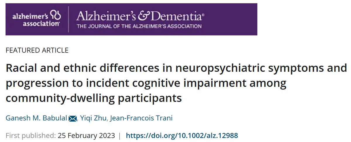 People with neuropsychiatric symptoms develop cognitive impairment at a rate that has recently been found to depend on their race and ethnicity. Read the study by @gmbreads and colleagues to learn more about this fascinating finding: doi.org/10.1002/alz.12… #research