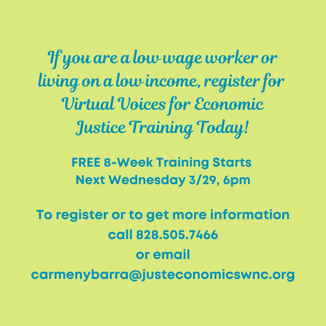 Voices for Economic Justice Training is a free-8 week organizing and leadership training for low wage workers and people living on a low income. Starts this Wednesday, March 29. #freetraining #virtual #communityorganizing #leadership