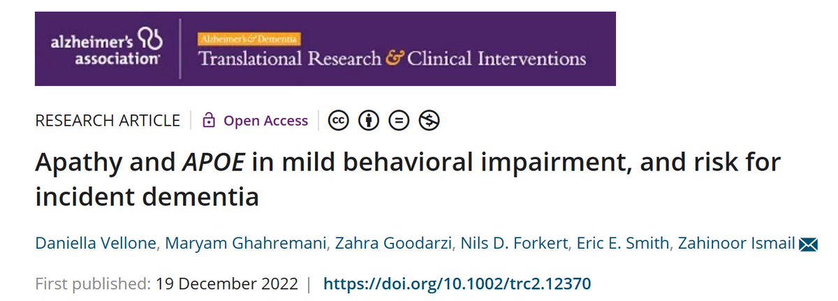 The apathy domain of #mildbehavioralimpairment is linked to incident dementia in a manner moderated by cognitive status and APOE genotype. Read the open-access paper published by Daniella Vellone, @Maryam66627 and colleagues here: doi.org/10.1002/trc2.1… #research