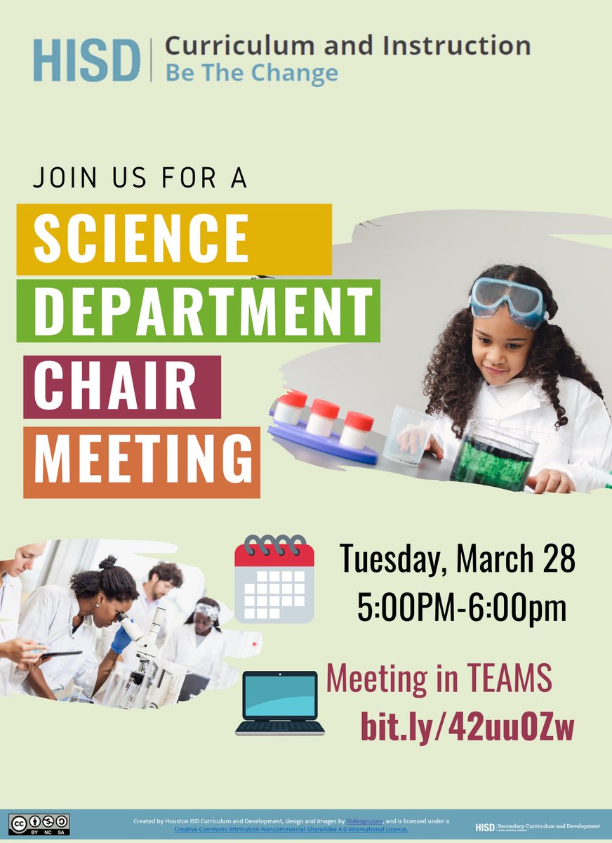 Join us for our last science department chair meeting of the year. Learn about the new Science and Engineering TEKS ⁦@HISD_Curric⁩ ⁦@HISD_SecSci⁩ ⁦⁦@TeamHISD⁩ ⁦@HISDHighSchools⁩ ⁦@csmith4_smith⁩ ⁦@cynthia_pruneda⁩