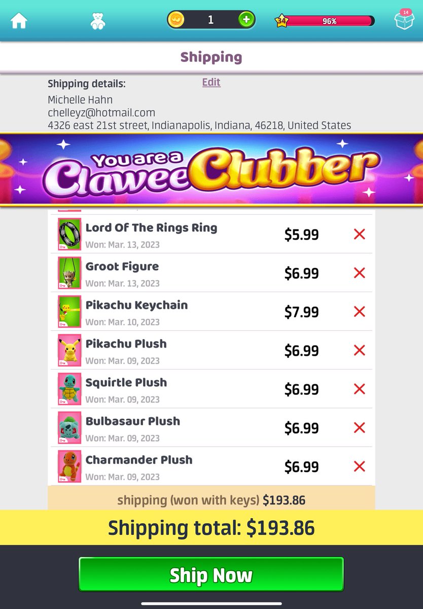 chelleyz's tweet photo. Anyone want2help me w/shipping costs 2claim these awesome #Clawee prizes ?  https://t.co/dWn7Yl73cG 
They’re accumulating 2much 4me, but I love playing claw games w/free keys! 🔑 Here’s my latest win! https://t.co/8XEeg0p0DG A Real Claw Machine! https://t.co/w5yxWlUcXO https://t.co/RdX823PcB3