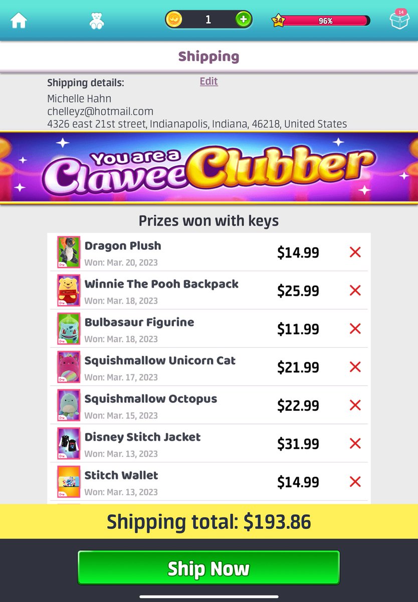 chelleyz's tweet photo. Anyone want2help me w/shipping costs 2claim these awesome #Clawee prizes ?  https://t.co/dWn7Yl73cG 
They’re accumulating 2much 4me, but I love playing claw games w/free keys! 🔑 Here’s my latest win! https://t.co/8XEeg0p0DG A Real Claw Machine! https://t.co/w5yxWlUcXO https://t.co/RdX823PcB3