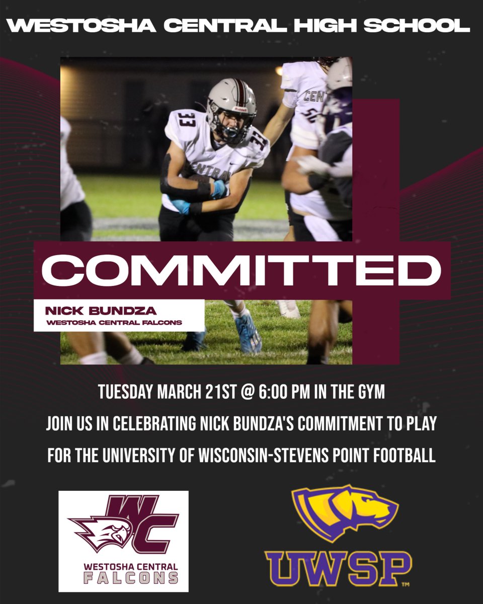 Tuesday March 21st @ 6:00 PM in the gym join us in celebrating Nick Bundza's commitment to play for the University of Wisconsin-Stevens Point Football #Legacy <a href="/WestoshaA/">Westosha Athletics</a> <a href="/nbundza77/">Nick Bundza</a>