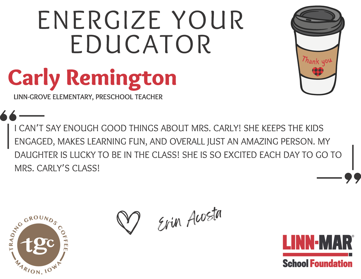 ENERGIZE YOUR EDUCATOR ☕ Congratulations, and thank you❤️🖤

Carly Remington - Linn Grove Elementary - Teacher

Sponsored by Trading Grounds