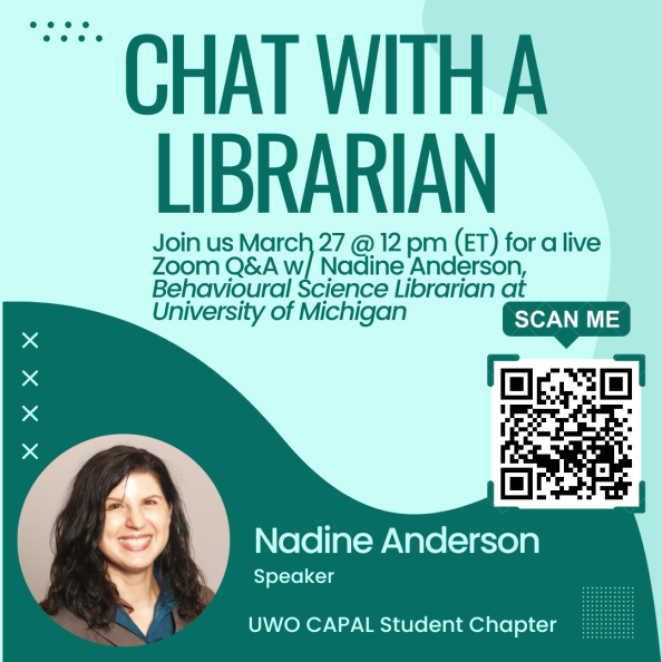 UWOCAPAL's tweet photo. CAPAL is excited to be hosting Nadine Anderson for our Chat With a Librarian series. Nadine is an experienced librarian who has worked in both Canada and the United States. She is currently working at the University of Michigan as a Behavioral Science Librarian. Scan the OR code! https://t.co/xhGVTia4pE