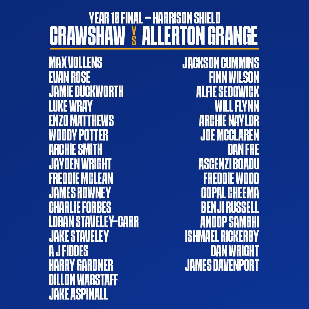 RugbyLeeds's tweet photo. Game 2️⃣

@CrawshawPE take on @Allerton_Grange in the Year 10 Final for the Harrison Shield🏆

Here are the teams for the final match this evening… https://t.co/M1eb5yhsmV