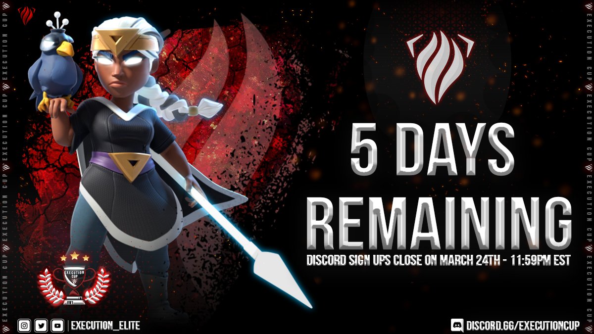 Execution Cup League (@execution_xcl) on Twitter photo Less than 5 days remaining!
Spots are filling up quick, so make sure you've secured your spot. You won't want to out miss the competition.
$800 Prize Pool - 5v5 Th15
๐๐ข๐ ๐ง ๐ฎ๐ฉ ๐๐ญ: discord.gg/executioncup
#xcl
<a href="/Execution_Elite/">eXecution elite</a>
<a href="/RHBaseBuilding/">RH Base Building</a>
@AO_eSports_Org Less than 5 days remaining!
Spots are filling up quick, so make sure you've secured your spot. You won't want to out miss the competition.
$800 Prize Pool - 5v5 Th15
๐๐ข๐ ๐ง ๐ฎ๐ฉ ๐๐ญ: discord.gg/executioncup
#xcl
<a href="/Execution_Elite/">eXecution elite</a>
<a href="/RHBaseBuilding/">RH Base Building</a>
@AO_eSports_Org
