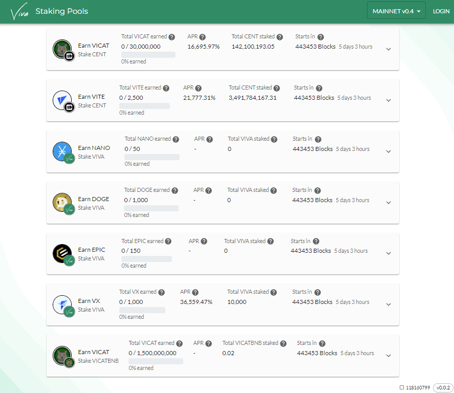 7 new #staking pools going live on app.vivafi.org !
💰#Stake $VIVA, #Earn $XNO $DOGE $EPIC $VX
💰#Stake $CENT, #Earn $ViCat $VITE
💰#Stake ViCatBNB, #Earn $ViCat

#DeFi #VITE #StakingRewards @ViCat_777 <a href="/BeMakingCents/">Making Cents</a> <a href="/EpicCashTech/">EpicCashOfficial</a>
