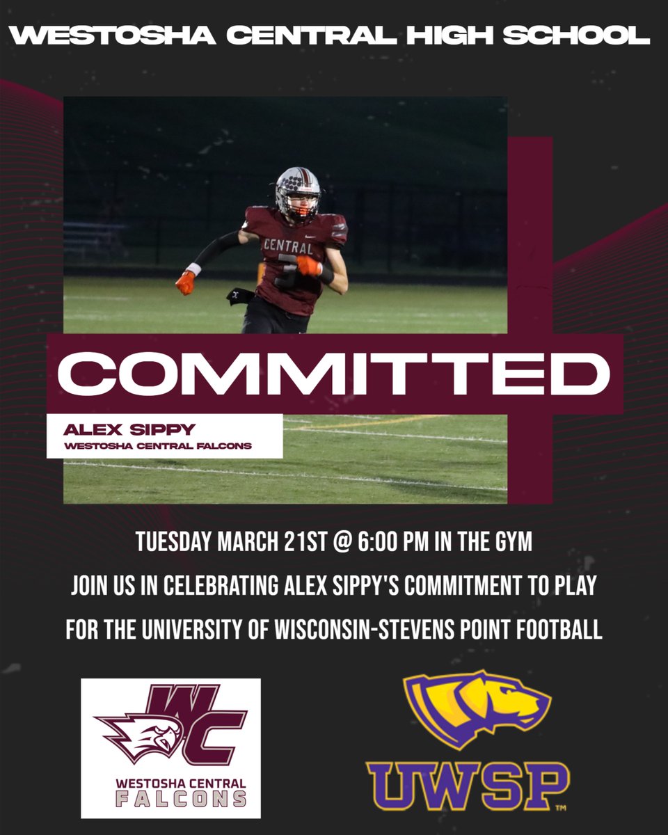 Tuesday March 21st @ 6:00 PM in the gym join us in celebrating Alex Sippy's commitment to play for the University of Wisconsin-Stevens Point Football #Legacy <a href="/WestoshaA/">Westosha Athletics</a> <a href="/sippy_alex/">Alex Sippy</a>