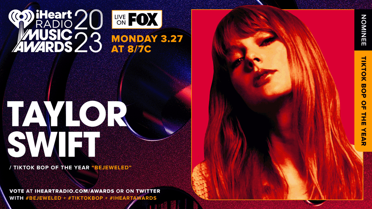 iHeartRadio's tweet photo. VOTING ENDS TODAY! RT TO VOTE! 

🔥 @taylorswift13 🔥

Vote using these hashtags: #Bejeweled #TikTokBop #iHeartAwards
And vote on: https://t.co/aPueslpaIw https://t.co/j90MrwgTfU
