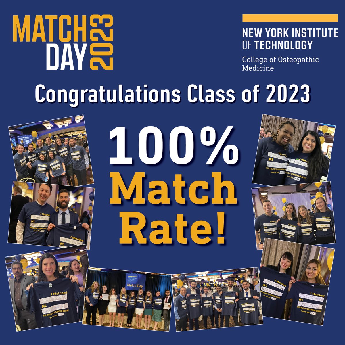 NYITCOMDO's tweet photo. Congratulations Class of 2023 with a 100% Match Rate for both campuses! 

#Match2023 @AOAforDOs  #DOProud https://t.co/4bnFkQXGRH