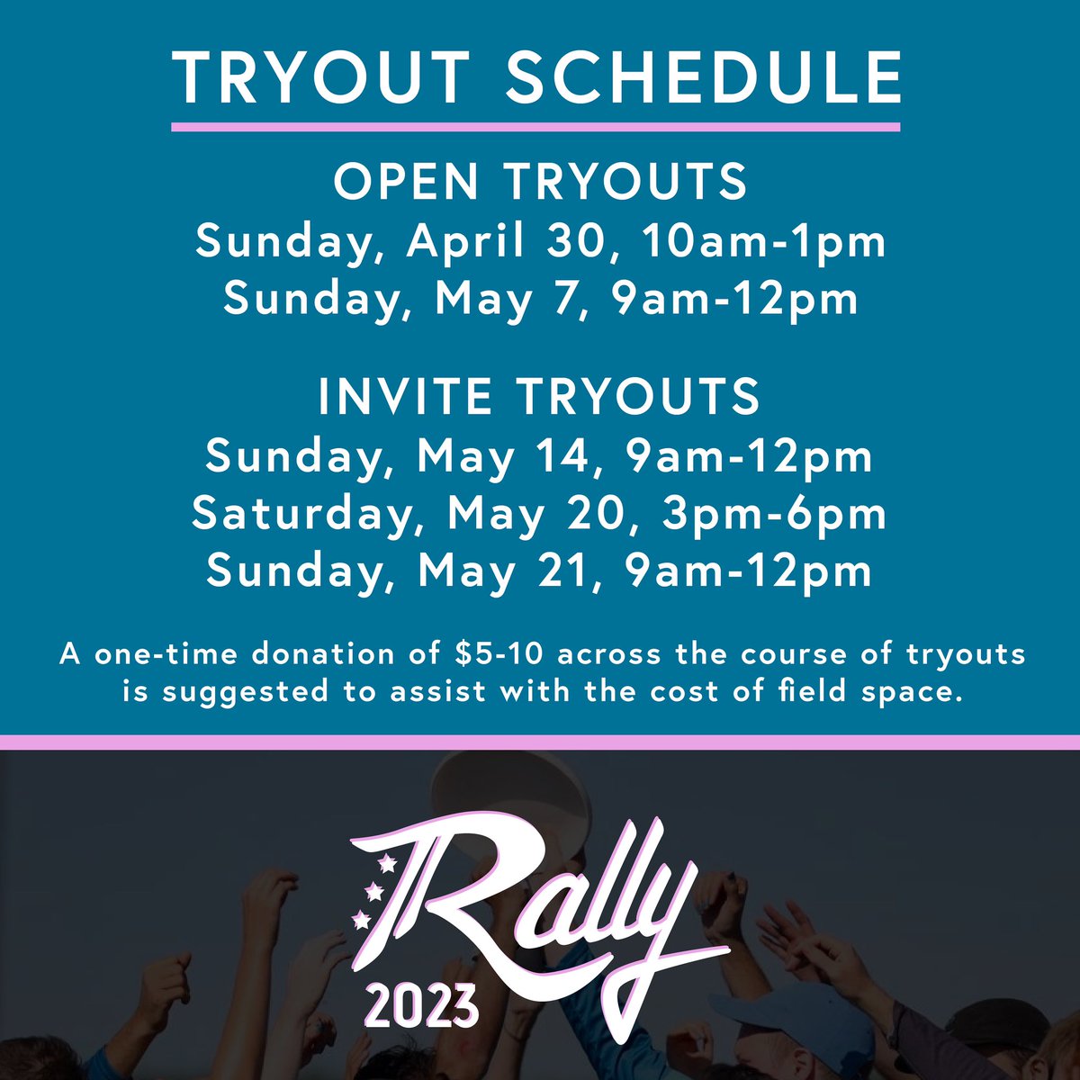 RallyUltimate's tweet photo. It’s tryout season! Mark your calendars and get hype 🔥

More details in our interest form: https://t.co/qag3zYMIb1 https://t.co/p4B0lLmg6n