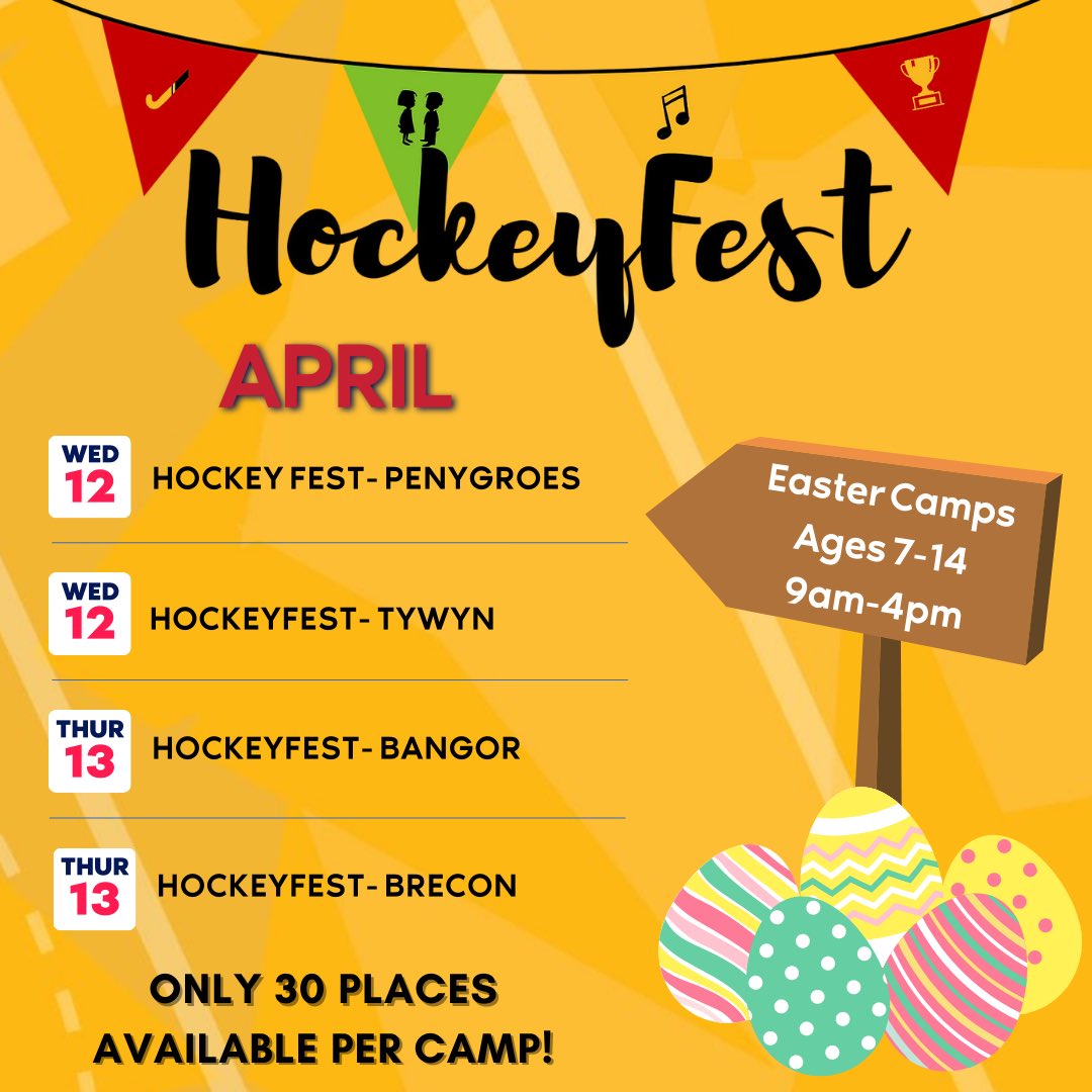 Come join us at an Easter HockeyFest! 🐣🏑 All festivals: - For ages 7-14 - 9am-4pm - No stick is needed (can bring your own if you have one) - No prior hockey experience is needed - £35 for the day! For more information, visit: hockeywalescommunity.org.uk/hockeyfest